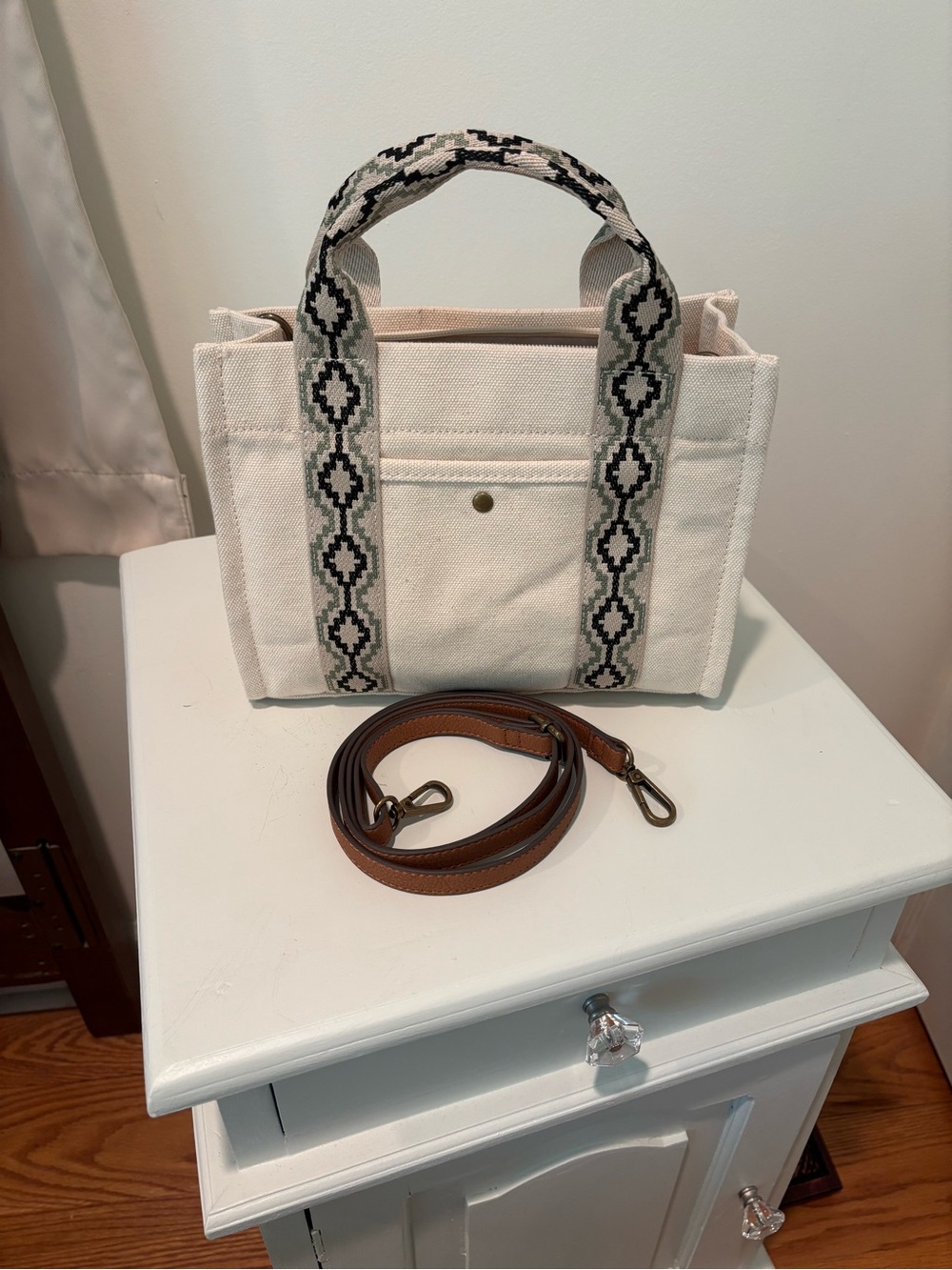 Canvas Tote Bag with Patterned Straps - Ivory